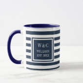 Elegante Navy Blauwe Witte Streep Monogram Naam Mok (Links)