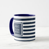 Elegante Navy Blauwe Witte Streep Monogram Naam Mok (Voorkant links)