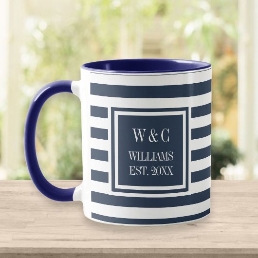 Elegante Navy Blauwe Witte Streep Monogram Naam Mok
