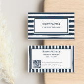 Elegante Navy Blauwe Witte Strepen QR-code Visitekaartje
