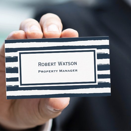Elegante Navy Blauwe Witte Strepen QR-code Visitekaartje