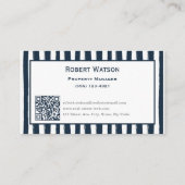 Elegante Navy Blauwe Witte Strepen QR-code Visitekaartje (Achterkant)