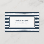Elegante Navy Blauwe Witte Strepen QR-code Visitekaartje (Voorkant)