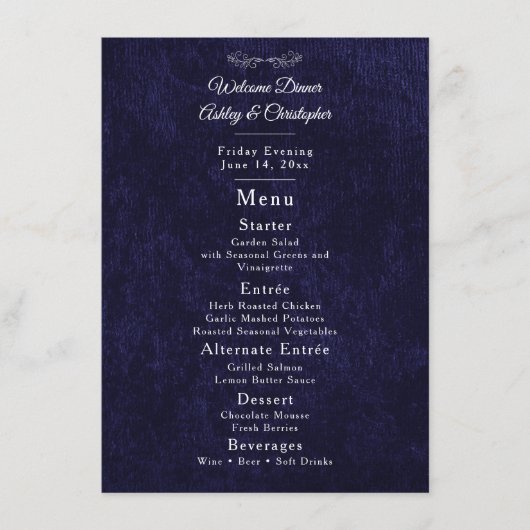 Elegante Navy Blauwe Witte Welkomstdiner Menu (Voorkant)