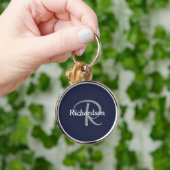 Elegante Navy Blauwe Witte Zilveren Grijze Monogra Sleutelhanger (Hand)