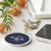 Elegante Navy Blauwe Witte Zilveren Grijze Monogra Sleutelhanger (Zijkant)