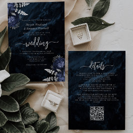 Elegante Navy Blauwe Zilveren Bloemige QR Code Tro Kaart