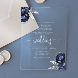 Elegante Navy Blauwe Zilveren Bloemige Trouw Acryl Uitnodigingen