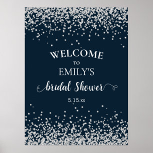 Elegante Navy Blauwe Zilveren Confetti Bruidsdouch Poster