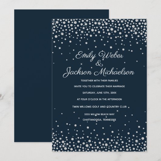 Elegante Navy Blauwe Zilveren Diamant Confetti Bru Kaart (Voorkant / Achterkant)