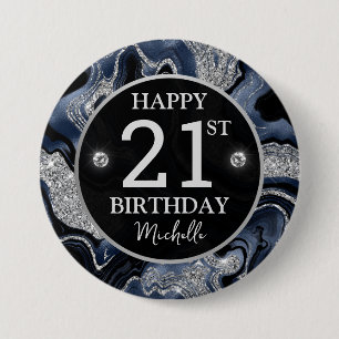 Elegante Navy Blauwe & Zilveren Glitter Agate Verj Ronde Button 7,6 Cm