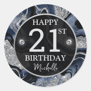Elegante Navy Blauwe & Zilveren Glitter Agate Verj Ronde Sticker