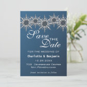 Elegante Navy Blauwe Zilveren Sneeuwvlok Save The Date (Staand voorkant)