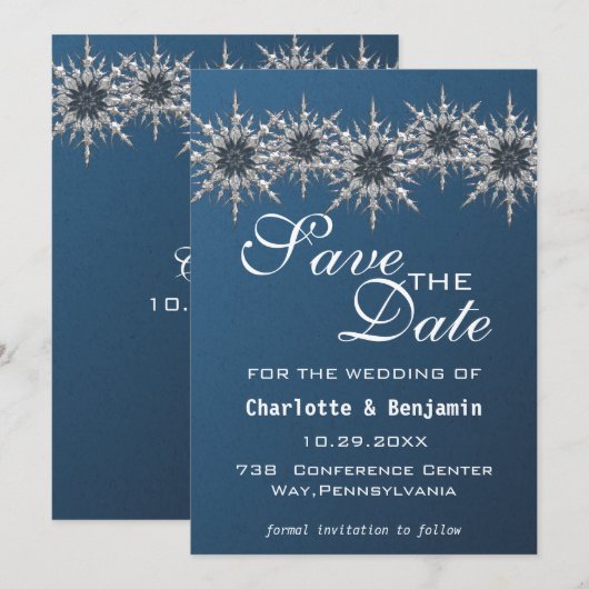 Elegante Navy Blauwe Zilveren Sneeuwvlok Save The Date (Voorkant / Achterkant)
