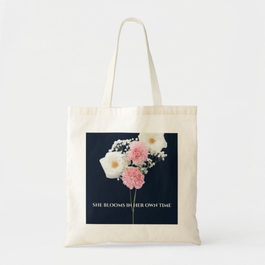 Elegante Navy Bloem Tote Tas met Inspirerende Spre (Voorkant)