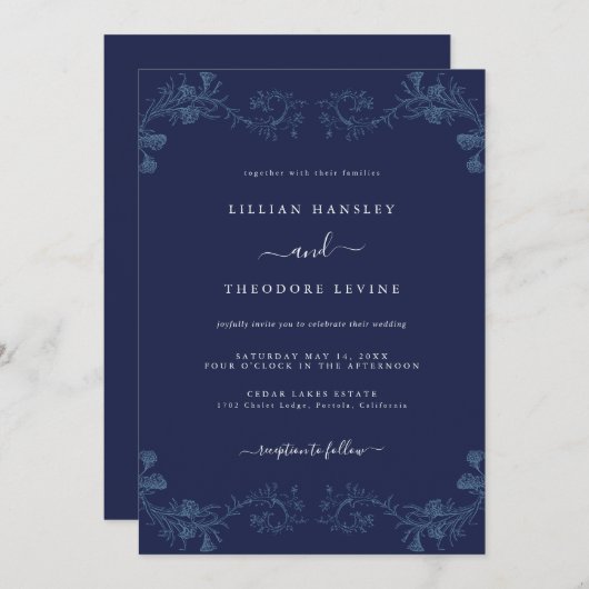 Elegante Navy  Bloemblad bruiloft Kaart (Voorkant / Achterkant)