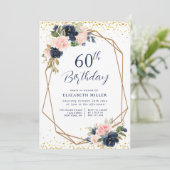 Elegante Navy Bloemen 60e verjaardag Party uitnodi Kaart (Staand voorkant)