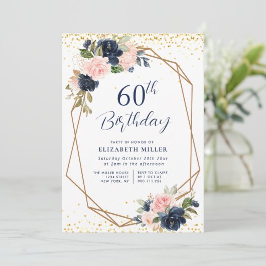 Elegante Navy Bloemen 60e verjaardag Party uitnodi Kaart (Staand voorkant)