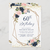 Elegante Navy Bloemen 60e verjaardag Party uitnodi Kaart (Voorkant / Achterkant)