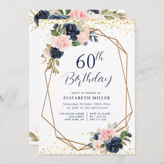 Elegante Navy Bloemen 60e verjaardag Party uitnodi Kaart (Voorkant / Achterkant)