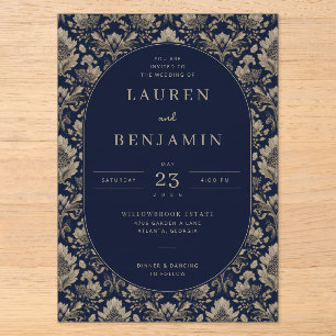 Elegante Navy Bloemen Bruiloftsinvatie Acryl Uitnodigingen