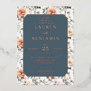 Elegante Navy Bloemen Bruiloftsinvatie Folie Uitnodiging
