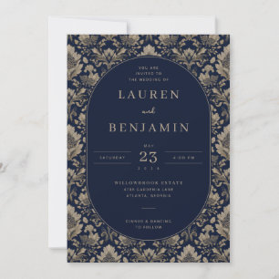 Elegante Navy Bloemen Bruiloftsinvatie Kaart