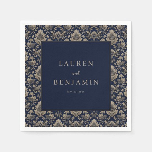 Elegante Navy Bloemendamask Servet (Voorkant)