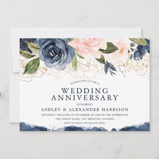 Elegante Navy Bloemengoud Blush Trouwverjaardag Kaart (Voorkant)