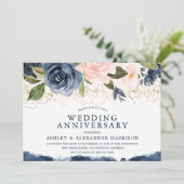 Elegante Navy Bloemengoud Blush Trouwverjaardag Kaart (Staand voorkant)