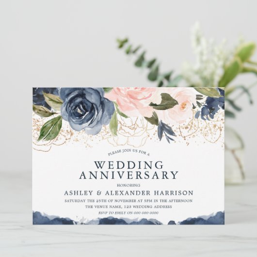 Elegante Navy Bloemengoud Blush Trouwverjaardag Kaart (Staand voorkant)