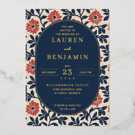 Elegante Navy Bloemenrand Folie Uitnodiging