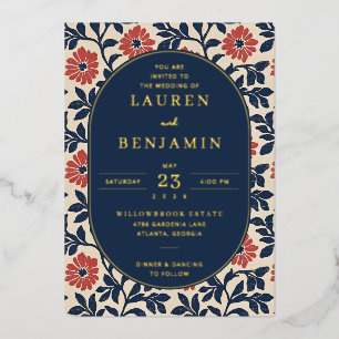 Elegante Navy Bloemenrand Folie Uitnodiging