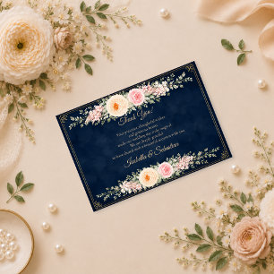 Elegante Navy Bloemige Bruiloft Bedankkaart