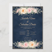 Elegante Navy Bloemige Bruiloft Kaart (Voorkant)