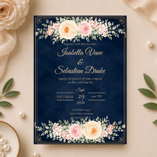 Elegante Navy Bloemige Bruiloft Kaart