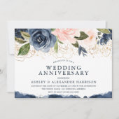 Elegante Navy Bloemrijke Gouden Blush Trouw Verjaa Kaart (Voorkant)