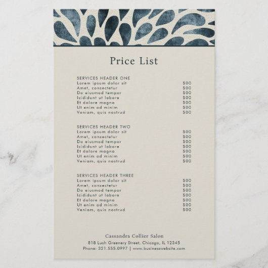 Elegante Navy Blue Abstract Modern prijslijst (Voorkant)