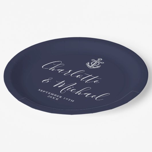 Elegante Navy Blue Anker Nautische Bruiloft Papieren Bordje (Gekanteld)