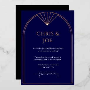 Elegante Navy Blue Art Deco Boog Huwelijk Folie Uitnodiging