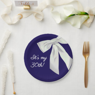 Elegante Navy Blue Birthday Paper Bord- Witte boog Papieren Bordje