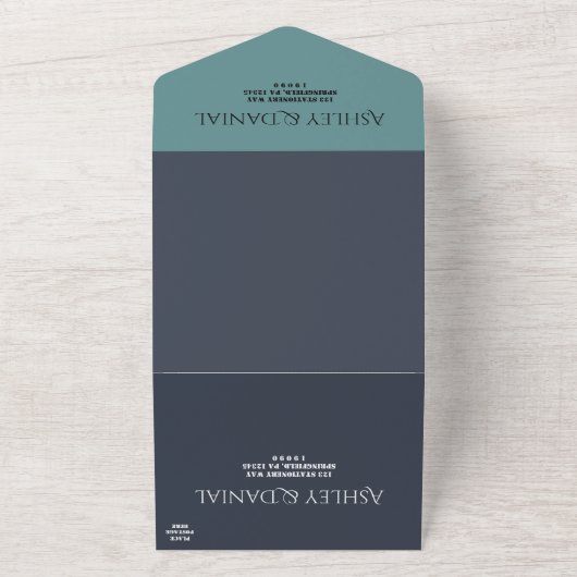 Elegante Navy Blue Blauwgroen moderne chique bruil All In One Uitnodiging (Buitenkant)