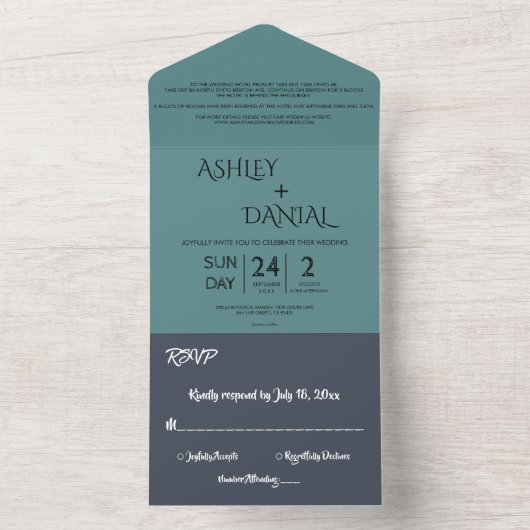 Elegante Navy Blue Blauwgroen moderne chique bruil All In One Uitnodiging (Binnen)