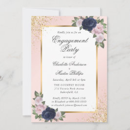 Elegante Navy Blue Blush Gold Engagement Party Kaart