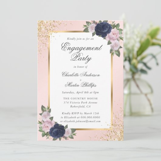 Elegante Navy Blue Blush Gold Engagement Party Kaart (Staand voorkant)