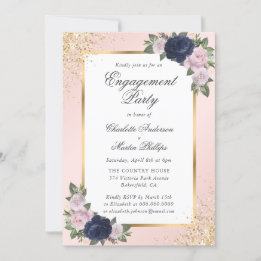 Elegante Navy Blue Blush Gold Engagement Party Kaart