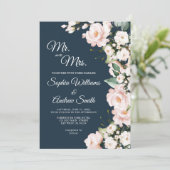 Elegante Navy Blue & Blush Roos Flowers Wedding Kaart (Staand voorkant)