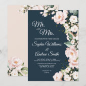 Elegante Navy Blue & Blush Roos Flowers Wedding Kaart (Voorkant / Achterkant)