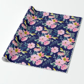 Elegante Navy Blue Blush Roze Bloemen Cadeaupapier (Uitgerold)