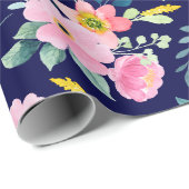 Elegante Navy Blue Blush Roze Bloemen Cadeaupapier (Rol Hoek)